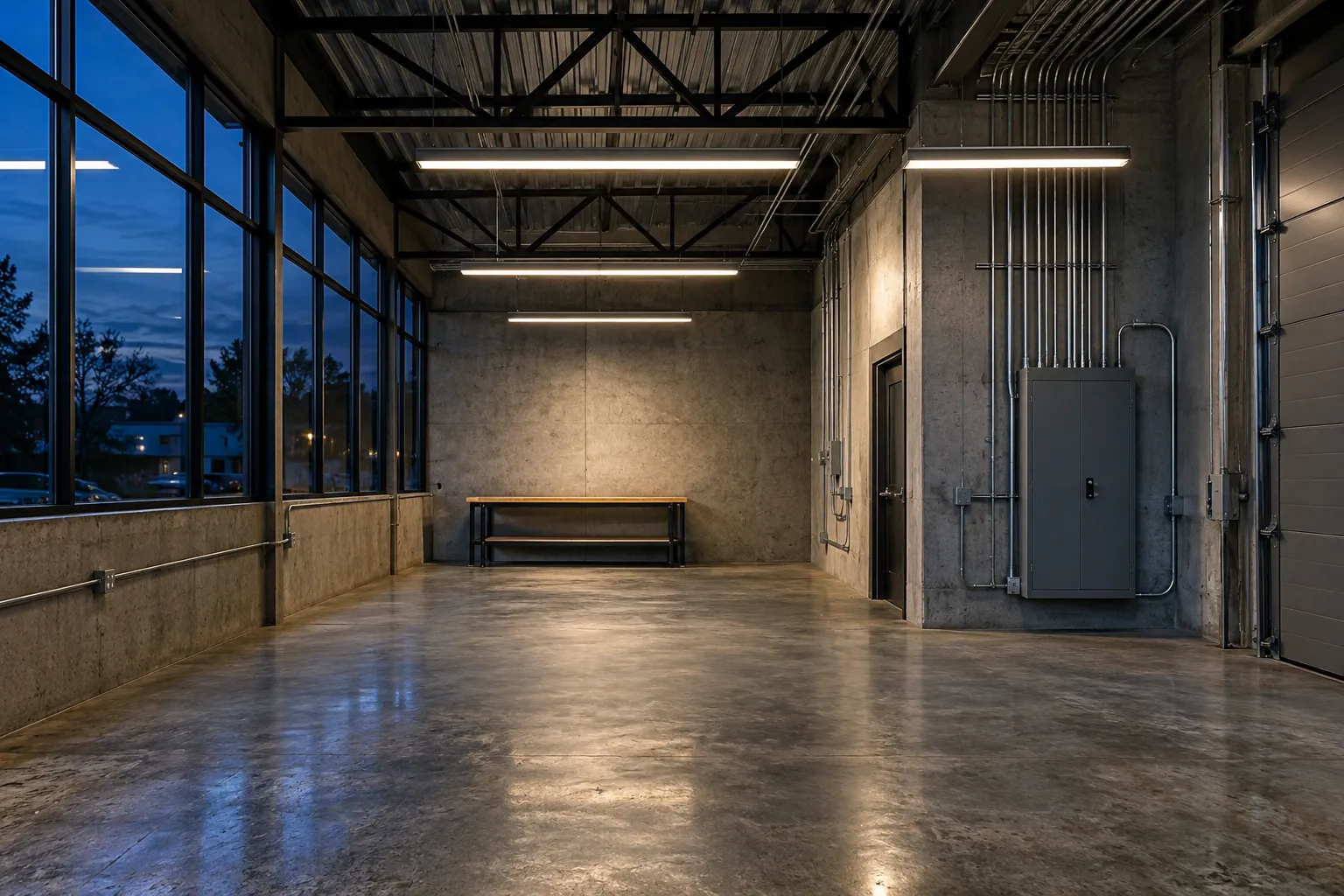Illustrative overhead lighting inside a commercial workshop